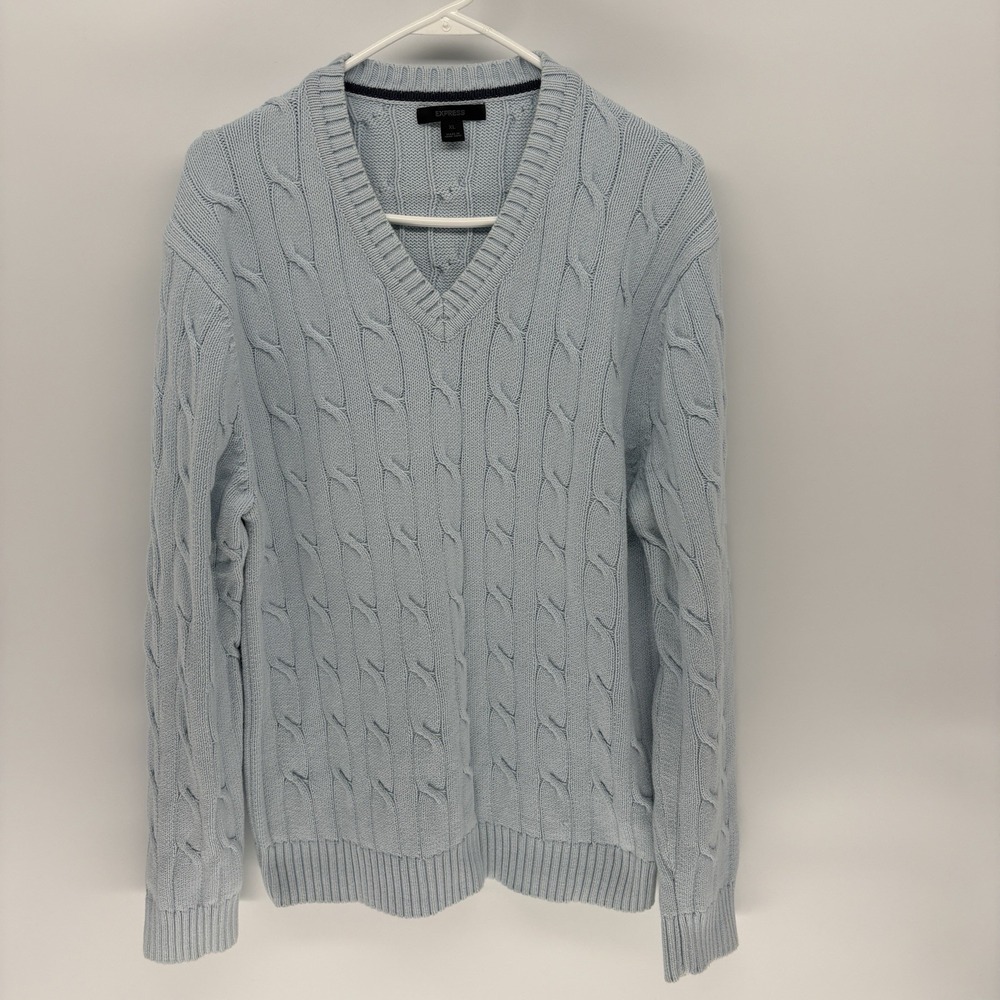 Express Baby Blue Cable Knit V Neck Pullover Sweater Men XL‎